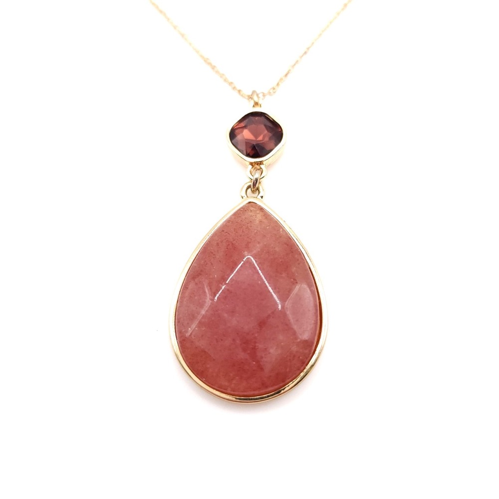 LOFT Gold Tone‎ Pink Quartz Necklace Teardrop Pendant Crystal Accents Elegant